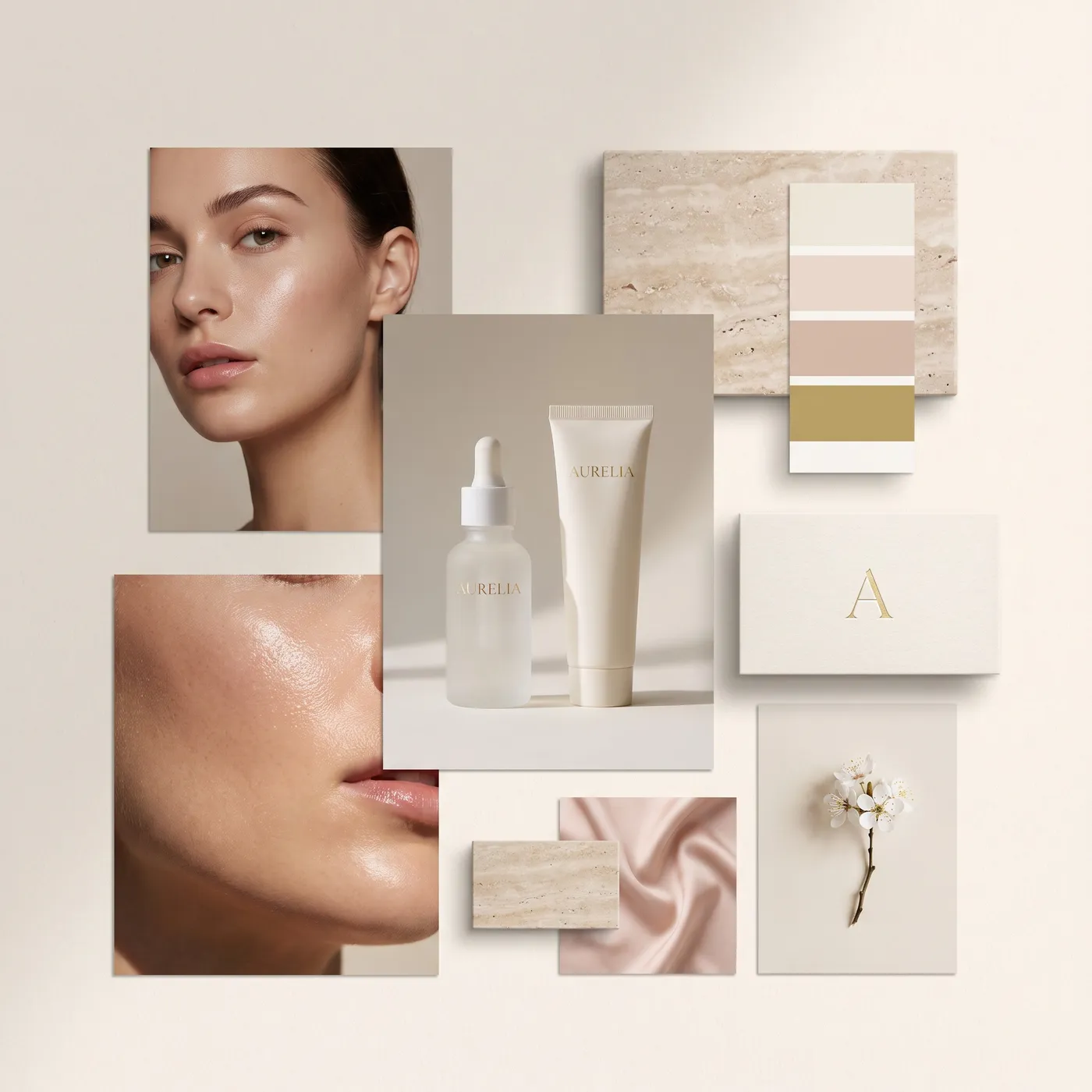 Aurelia skincare brand moodboard with soft neutral packaging and beauty photography