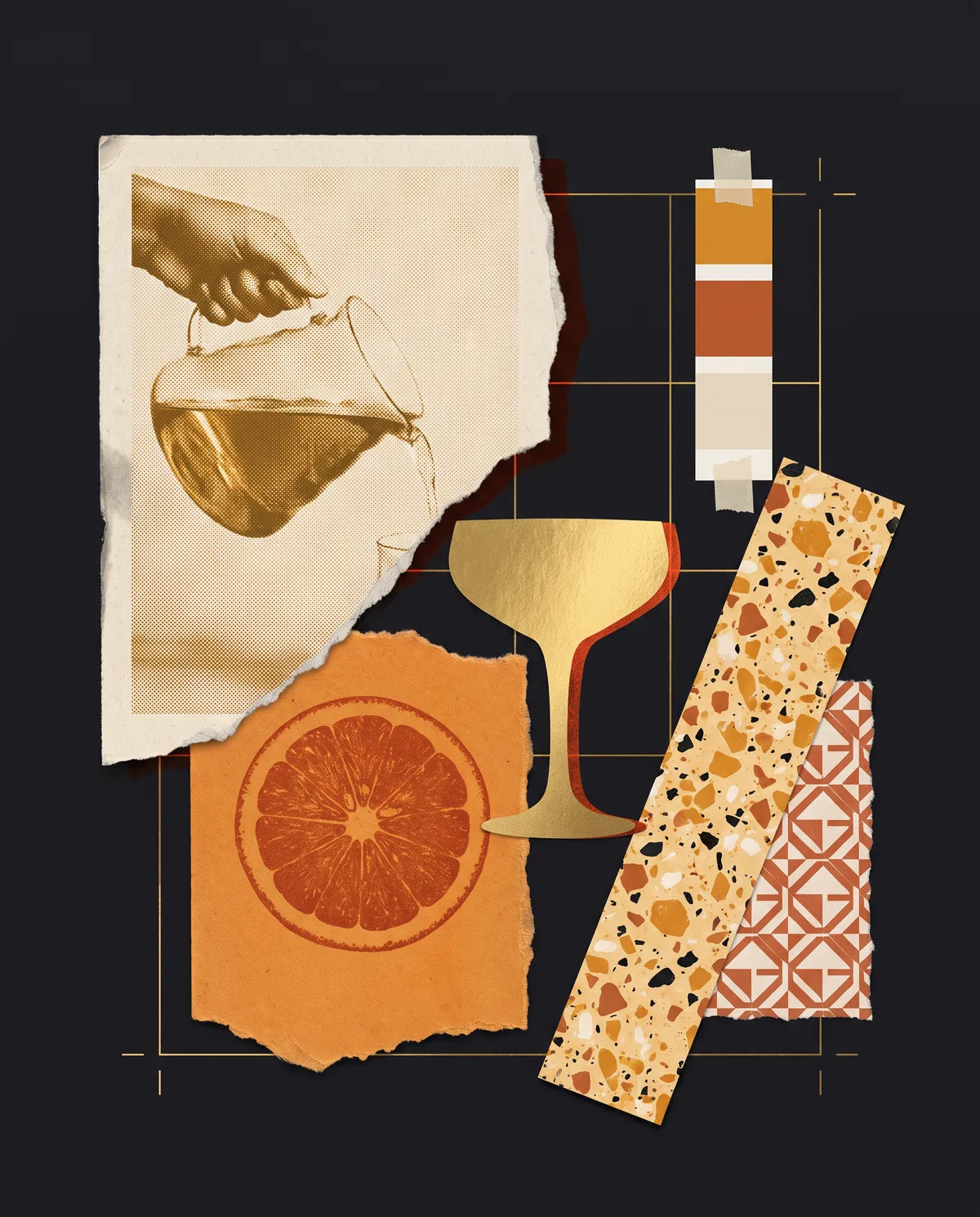 Gold and orange hospitality brand collage with textured papers and colour swatches